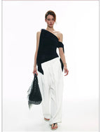 French-Inspired Acetate One-Shoulder Tie Detail Sleeveless Top