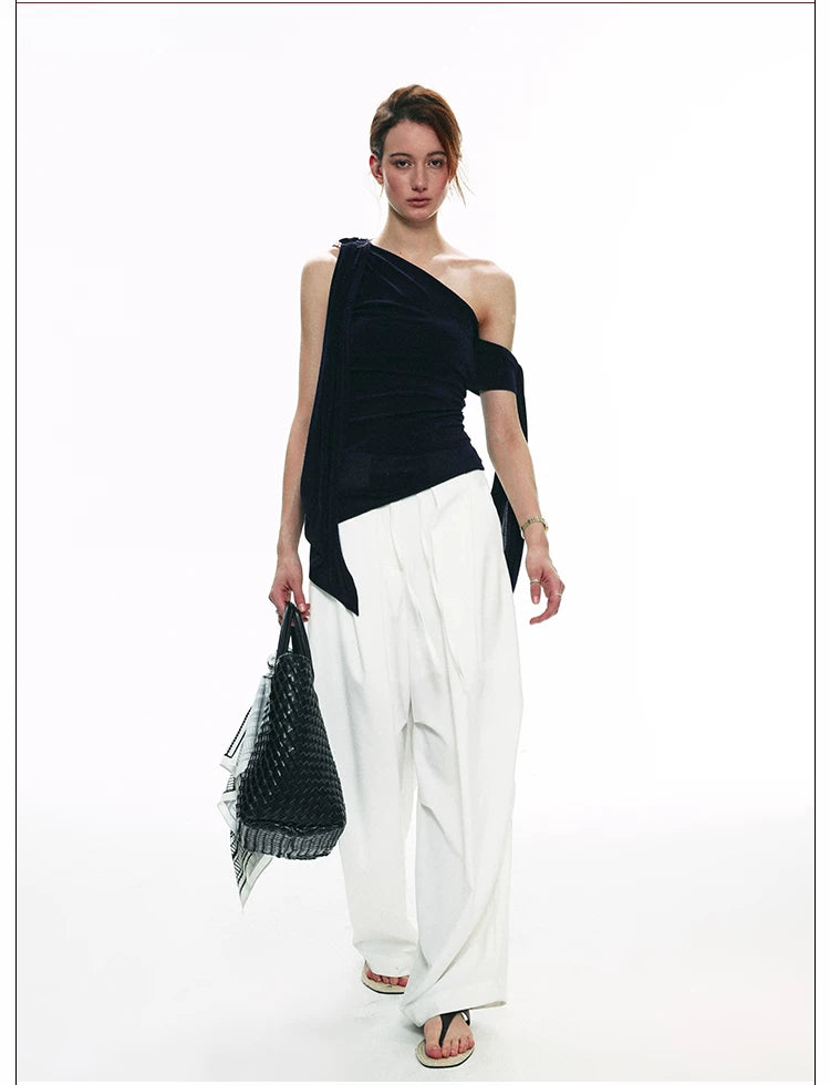 French-Inspired Acetate One-Shoulder Tie Detail Sleeveless Top