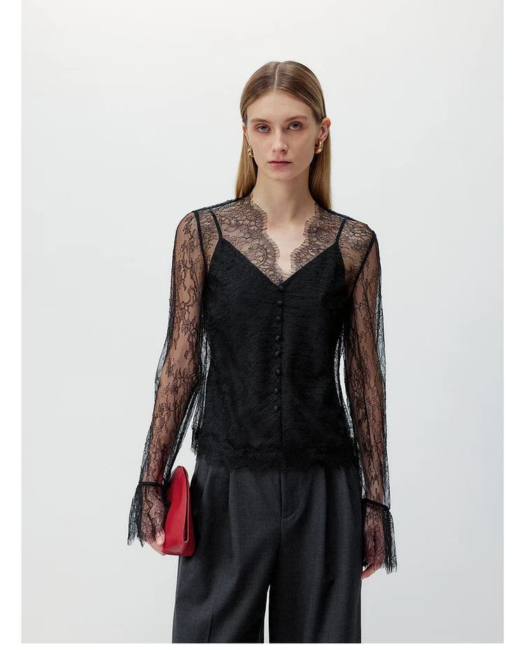 Women's Lace Trim V-Neck Slim Fit Layering Top