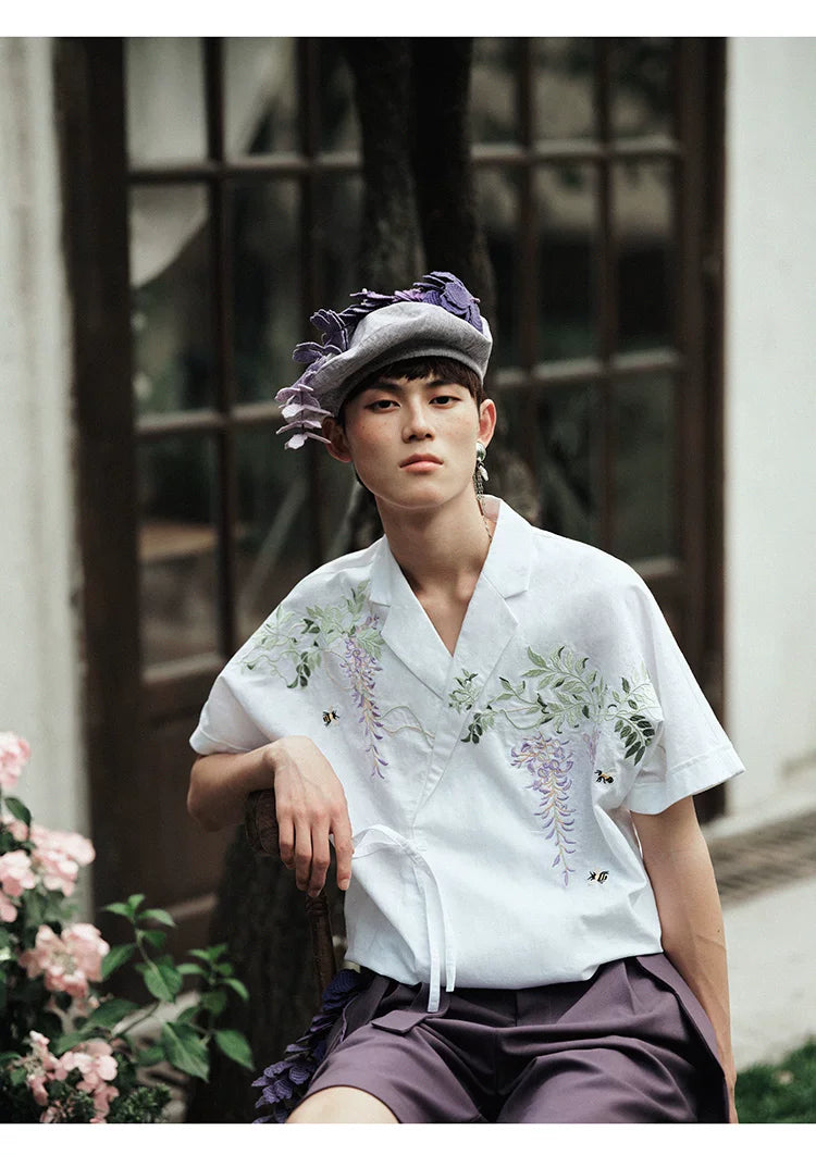 Vintage Wisteria Embroidered Cotton Linen Short Sleeve Shirt
