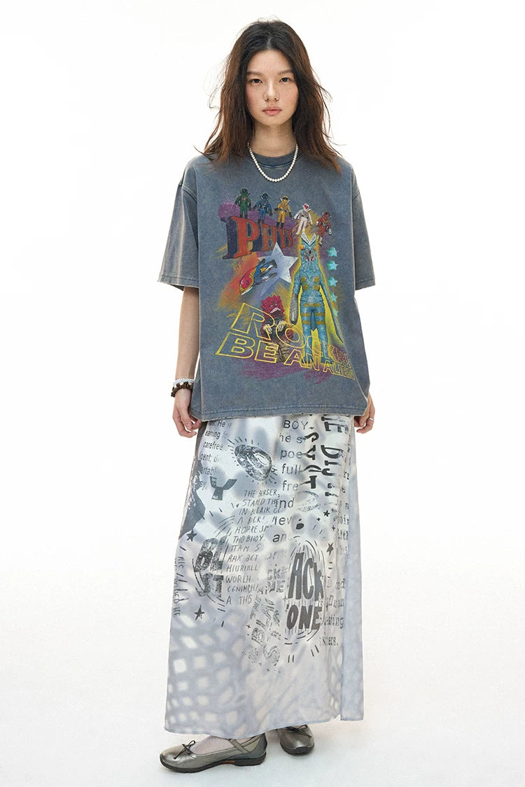 Reversible Alien Futuristic Print Chiffon Mesh Skirt