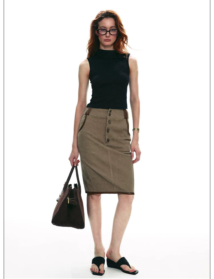 Vintage Contrast Leather Trim Utility Pencil Skirt