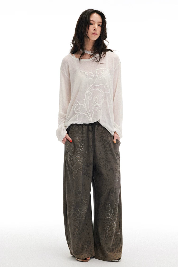 Semi-Sheer Printed Fitted Knit Long Sleeve T-Shirt