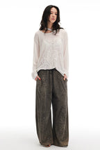 Semi-Sheer Printed Fitted Knit Long Sleeve T-Shirt