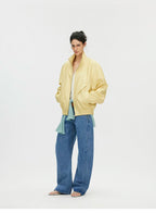 Butter Yellow Curved-Shoulder Leather Bomber Jacket