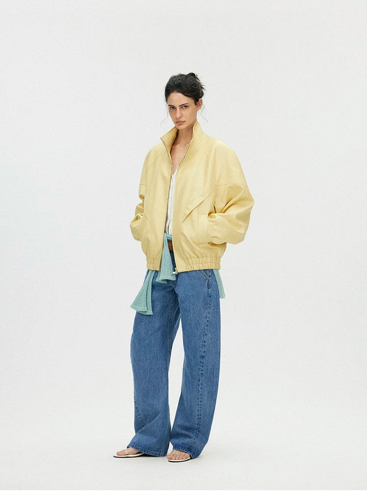 Butter Yellow Curved-Shoulder Leather Bomber Jacket