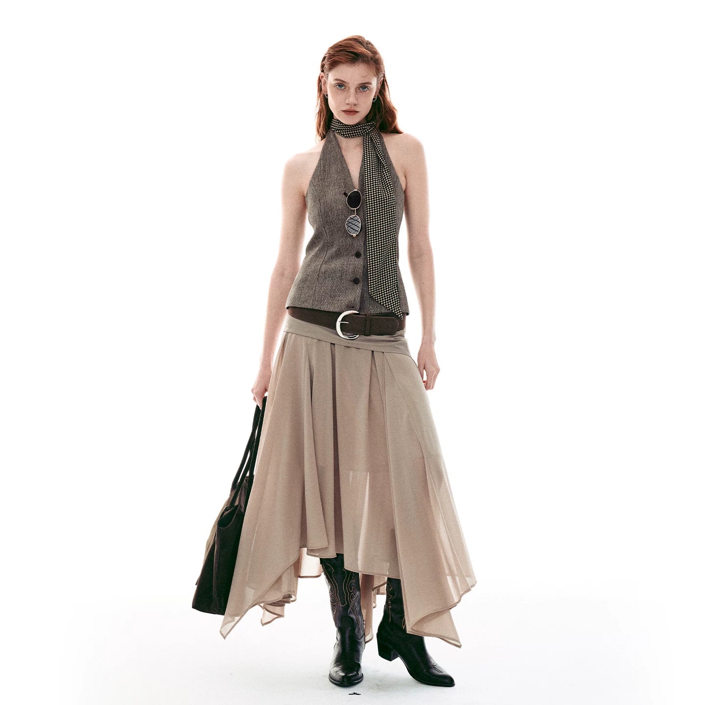 French-Inspired Faux Two-Piece Asymmetric Silk Skirt Main image