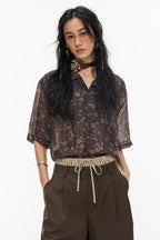 Tencel Vintage Brown Small Floral Cuban Collar Short Sleeve Shirt – Contrast Trim