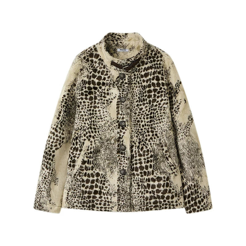 Leopard Print Faux Fur Glossy Stand Collar Cropped Casual Jacket