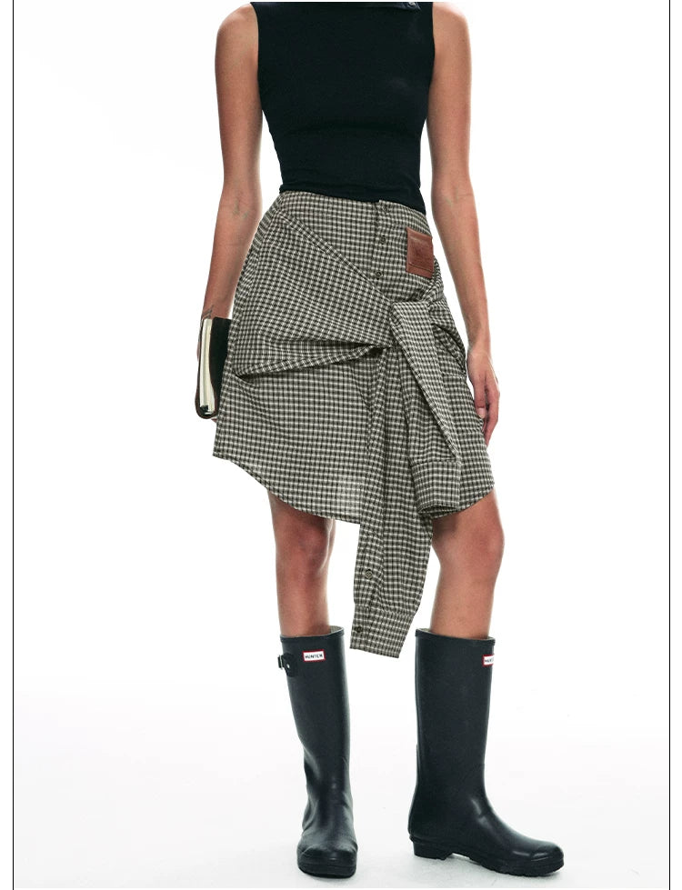 Deconstructed Plaid Shirt Dress with Irregular Two-Way Design