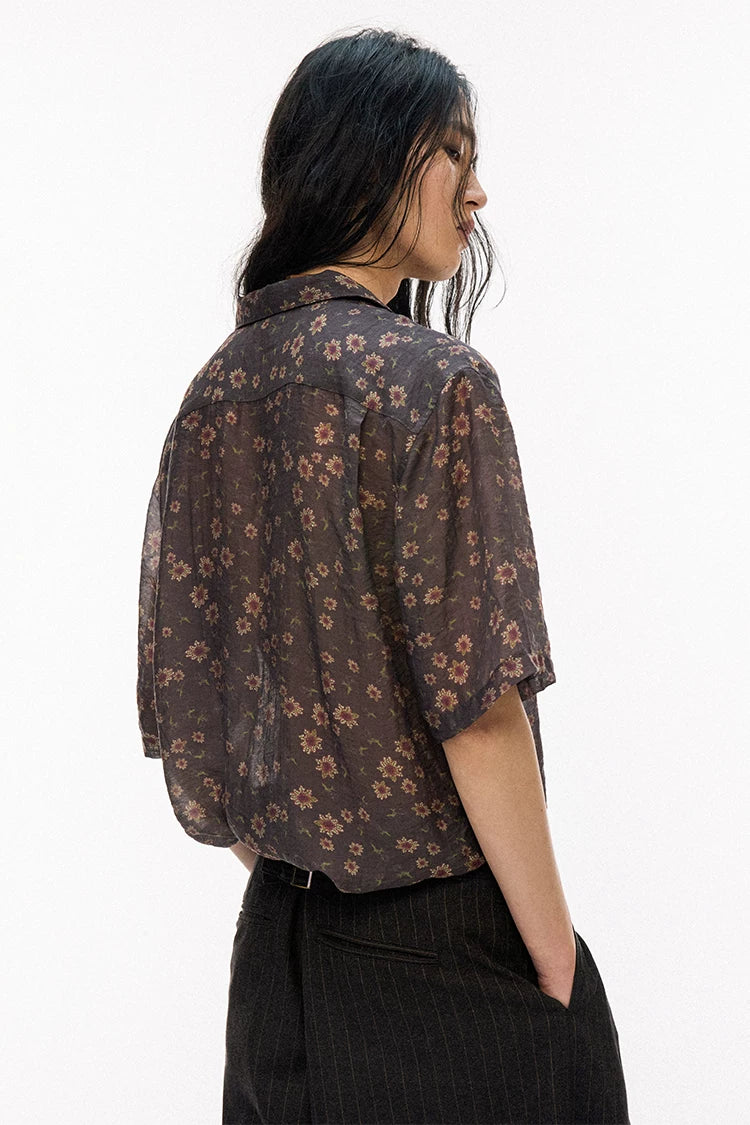 Tencel Vintage Brown Small Floral Cuban Collar Short Sleeve Shirt – Contrast Trim
