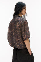 Tencel Vintage Brown Small Floral Cuban Collar Short Sleeve Shirt – Contrast Trim