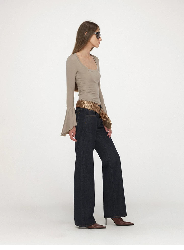 U-Neck Bell Sleeve Fitted Long Sleeve Top