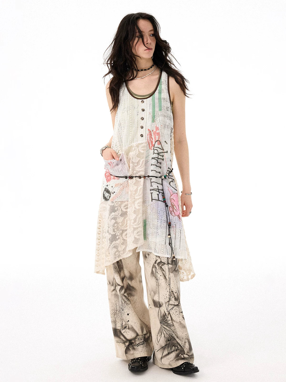 Sleeveless Mid-Length Graffiti Lace Patchwork A-Line Slip Dress
