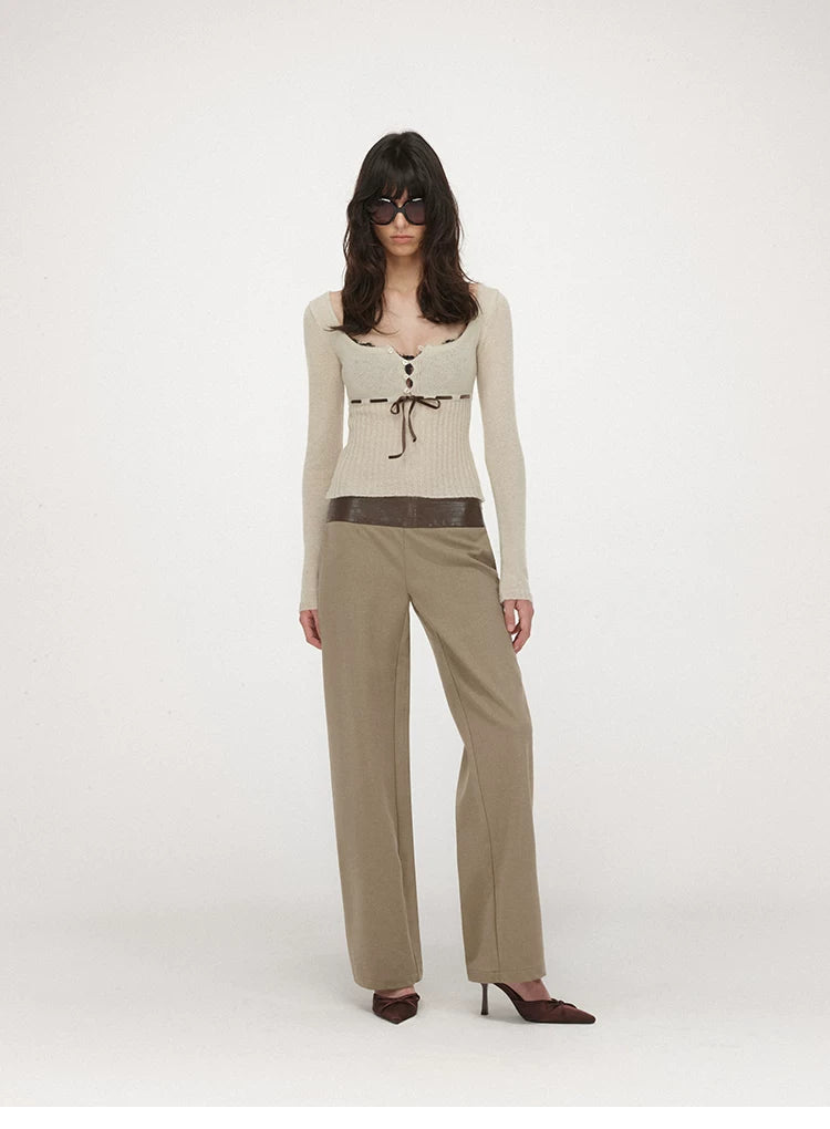 Velvet Tie U-Neck Half-Placket Fitted Knit Top