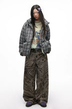 Leopard Digital Print Curved Panel Denim Pants with Double Waistband – Trendy Split Design Jeans