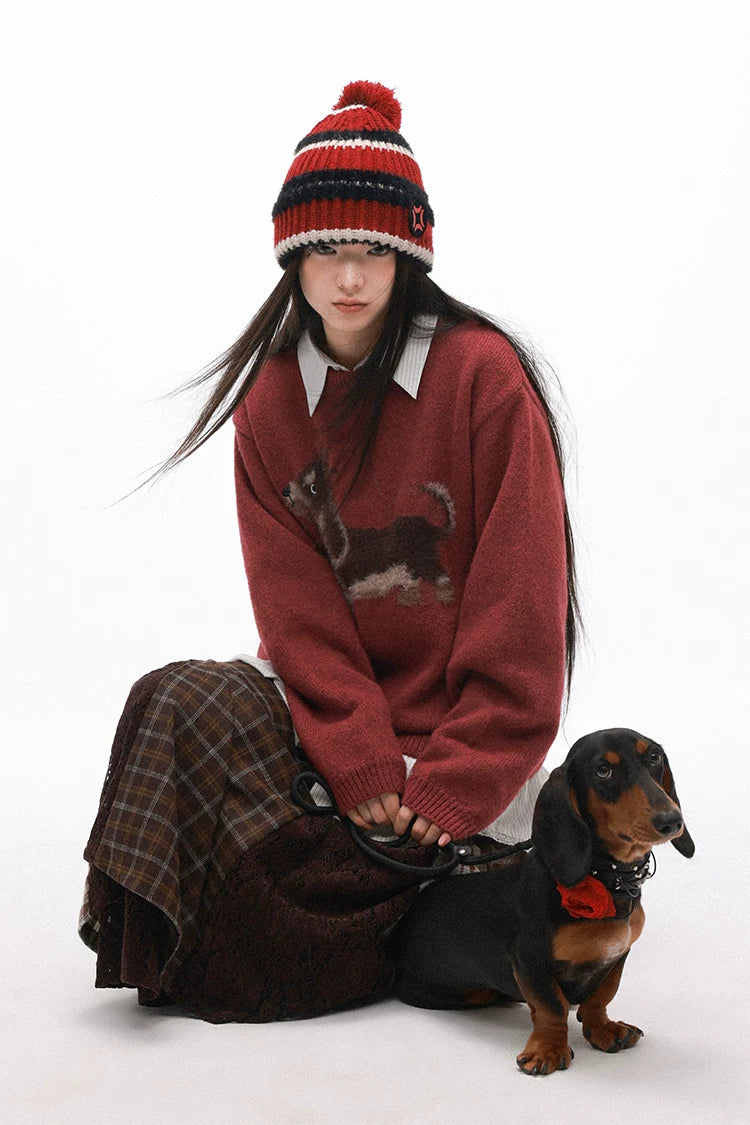 Punk Dog Faux Mink Jacquard Retro Color-Block Soft Knit Sweater