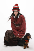 Punk Dog Faux Mink Jacquard Retro Color-Block Soft Knit Sweater