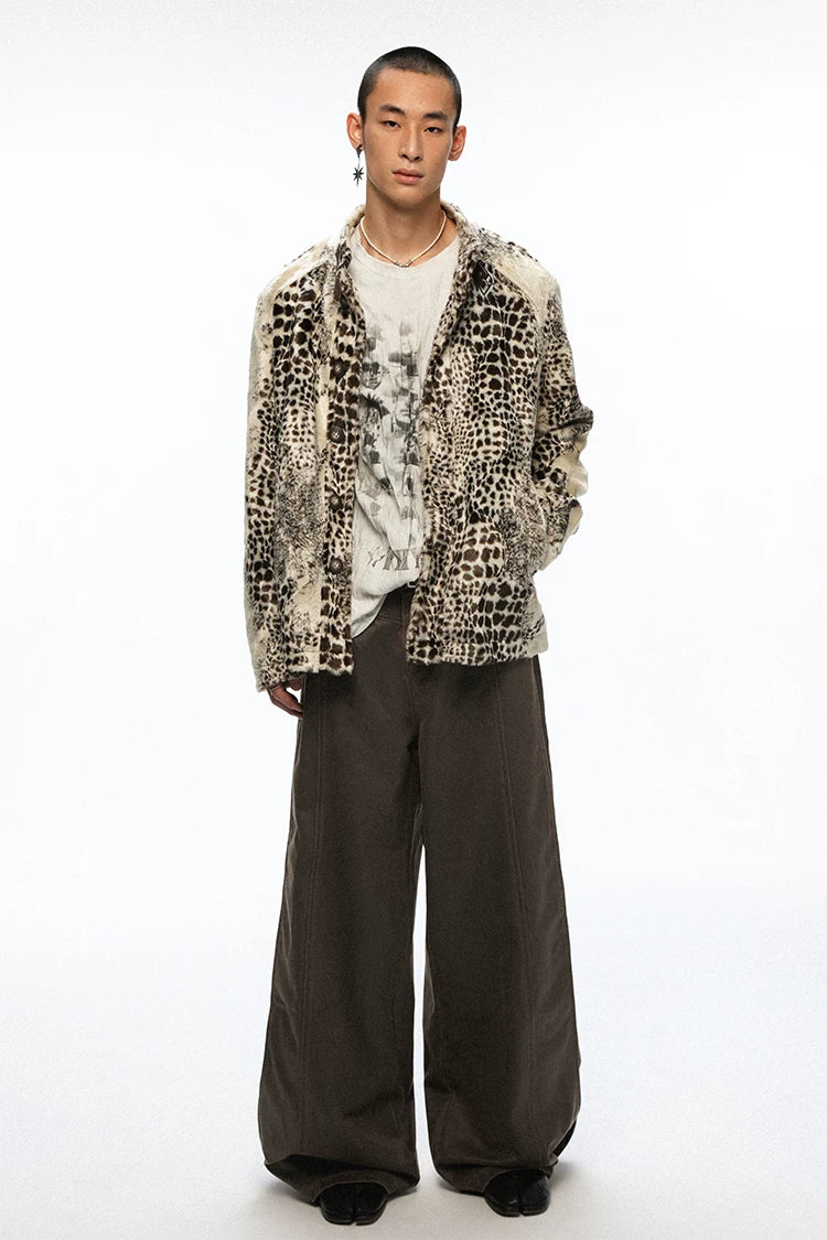 Leopard Print Faux Fur Glossy Stand Collar Cropped Casual Jacket