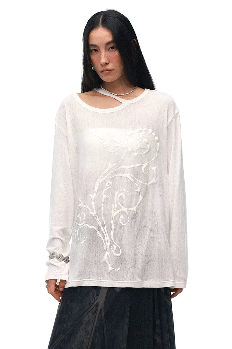 Semi-Sheer Printed Fitted Knit Long Sleeve T-Shirt