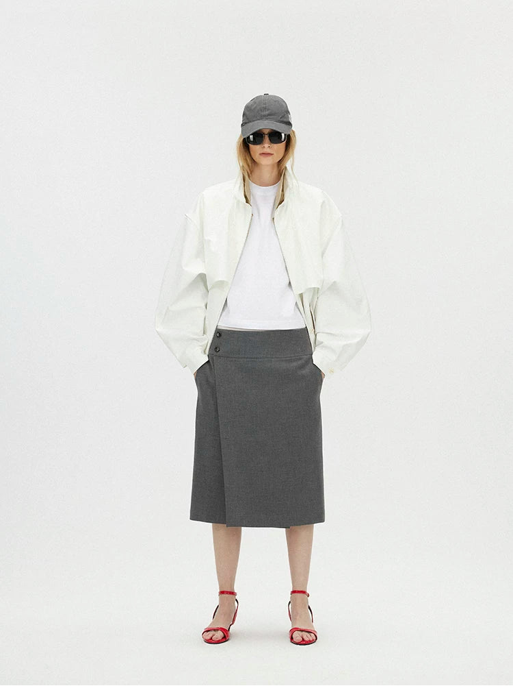 Contrast Trim Double-Placket Stand Collar Oversized Jacket