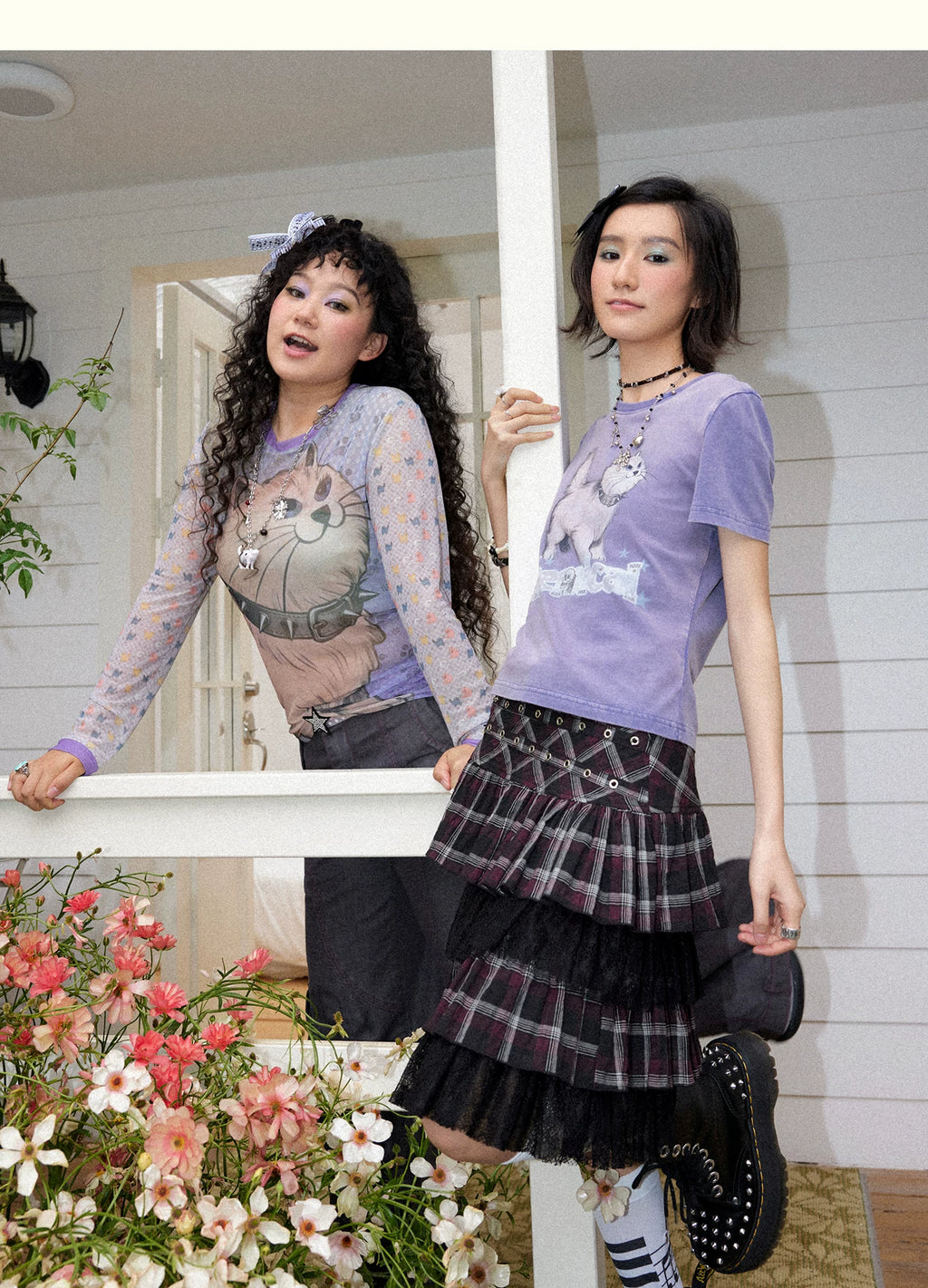 Cat Graphic Mesh Long Sleeve Top