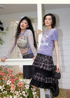 Cat Graphic Mesh Long Sleeve Top