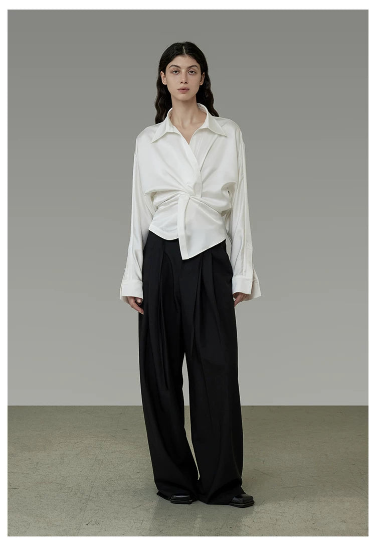 French-Inspired Satin V-Neck Twist Knot Blouse