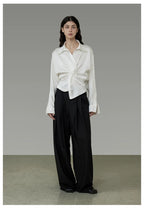 French-Inspired Satin V-Neck Twist Knot Blouse
