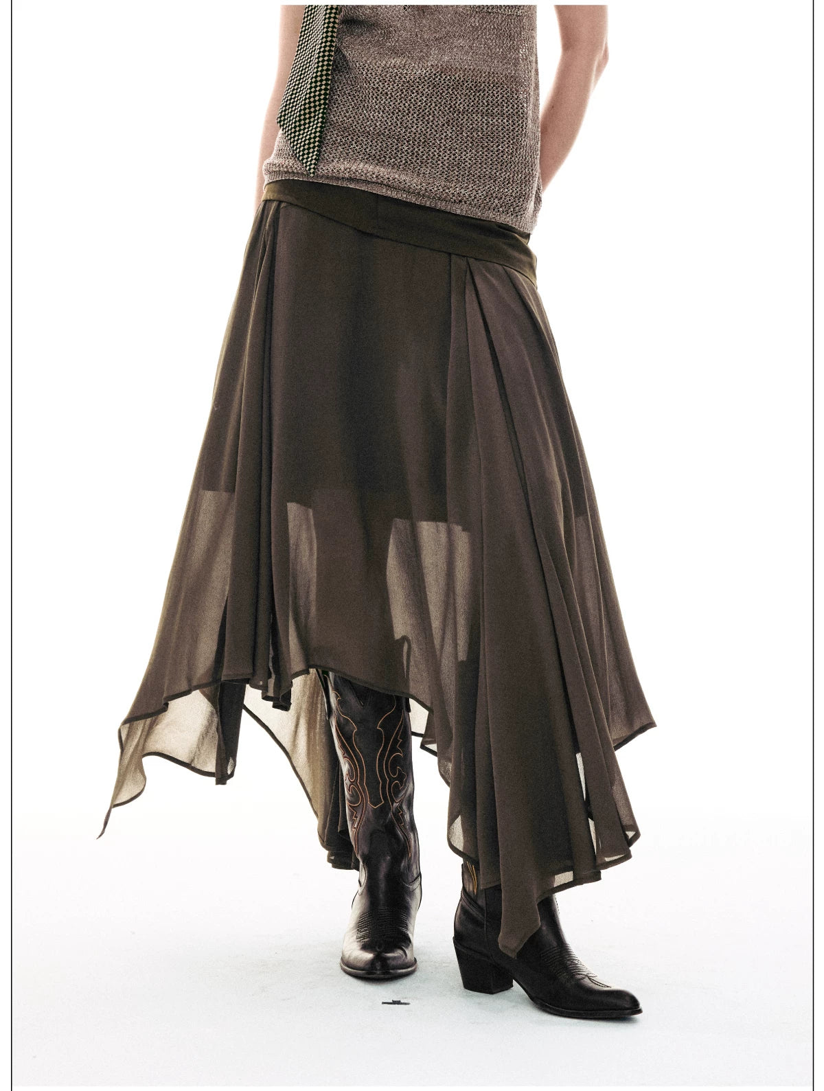 French-Inspired Faux Two-Piece Asymmetric Silk Skirt