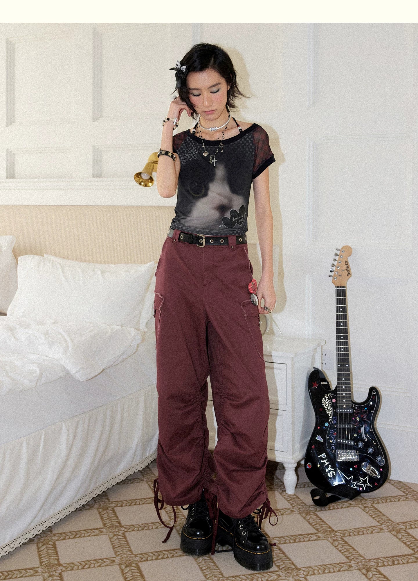 Distressed Washed Drawstring Cargo Straight-Leg Pants