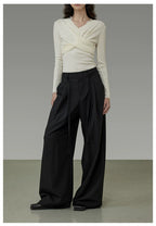 Black Tie-Waist Pleated Wide-Leg Pants