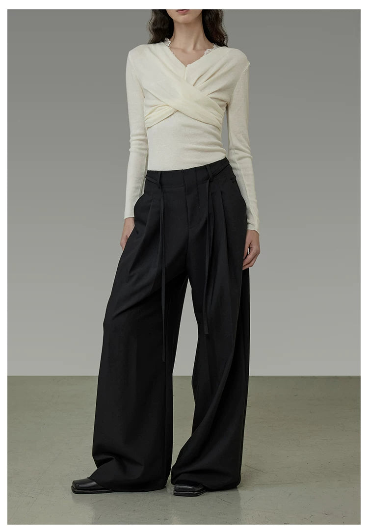 Black Tie-Waist Pleated Wide-Leg Pants
