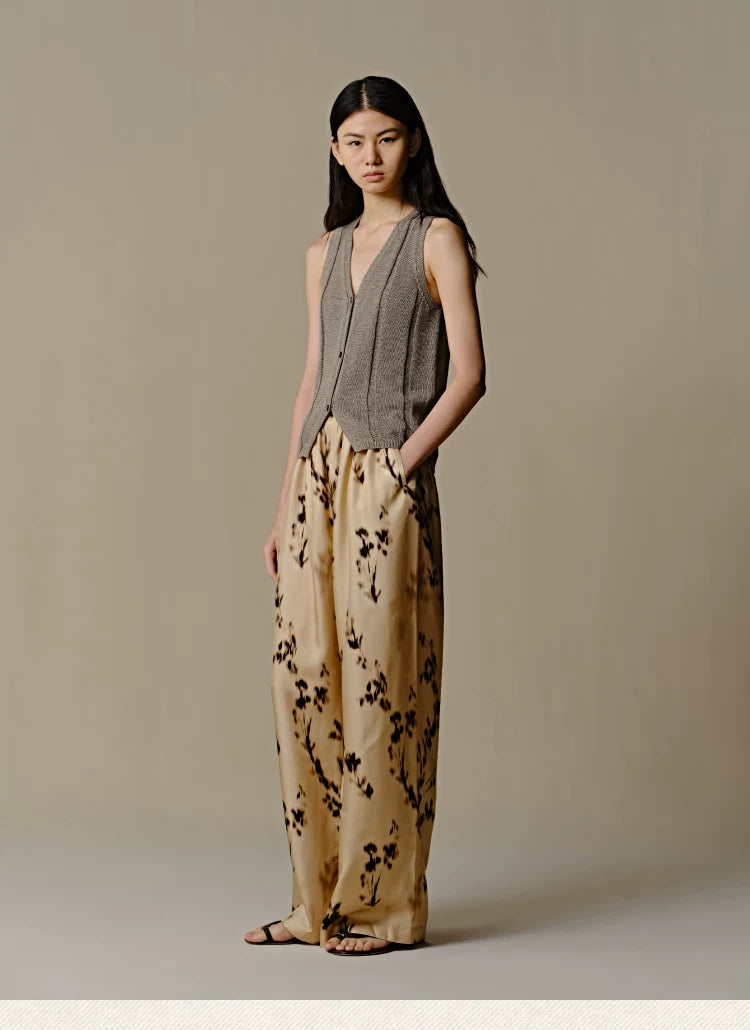 Mulberry Silk Floral Print Wide-Leg Pants