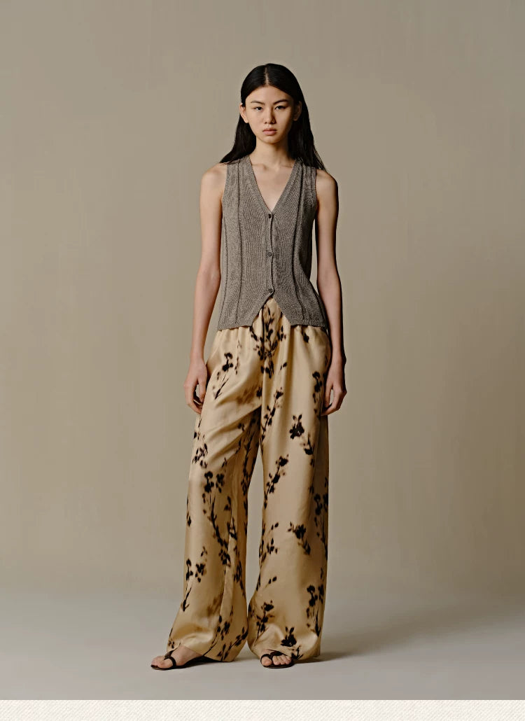 Mulberry Silk Floral Print Wide-Leg Pants