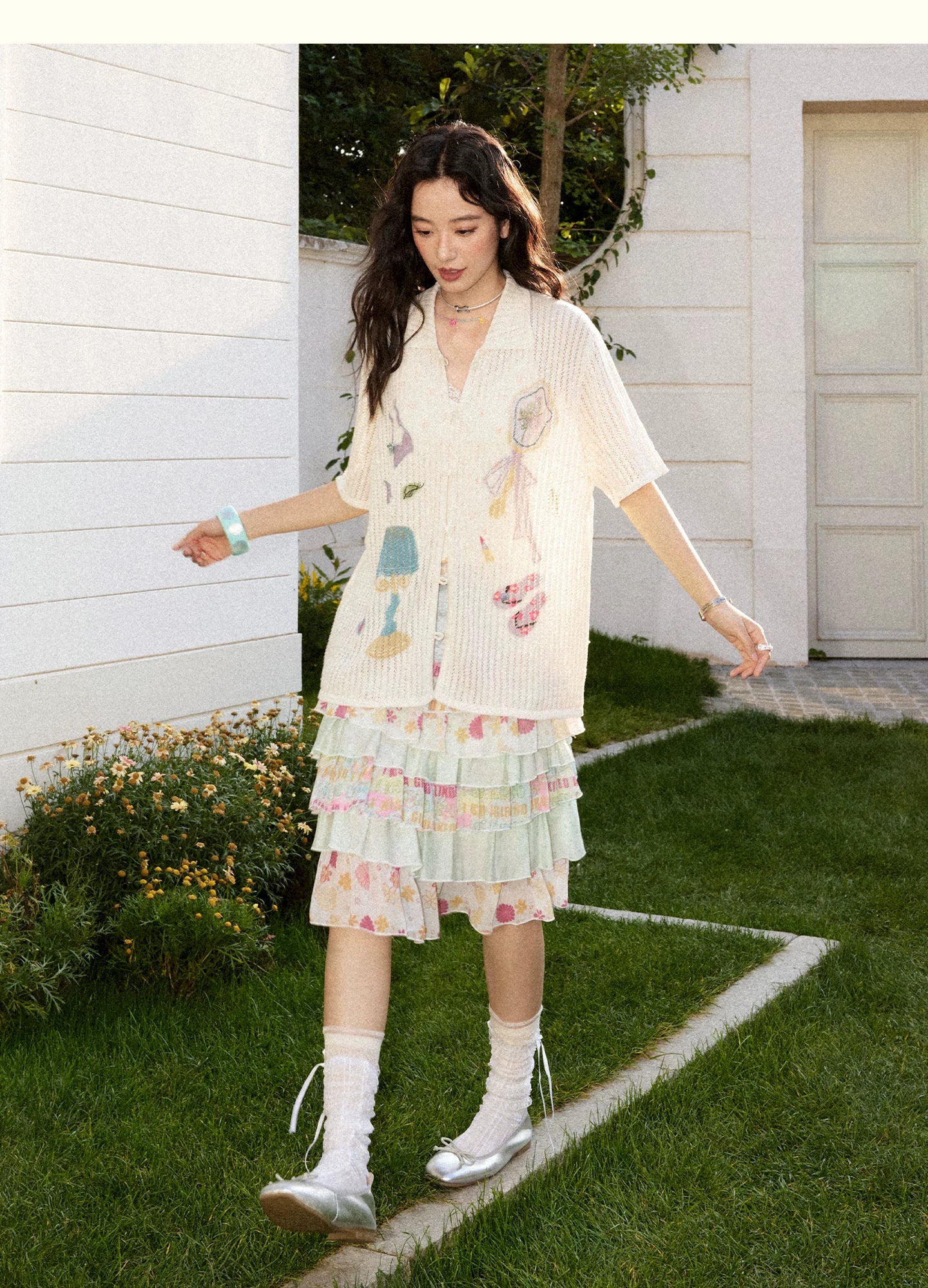 Knitted Openwork Vertical Stripe Loose Fit Shirt