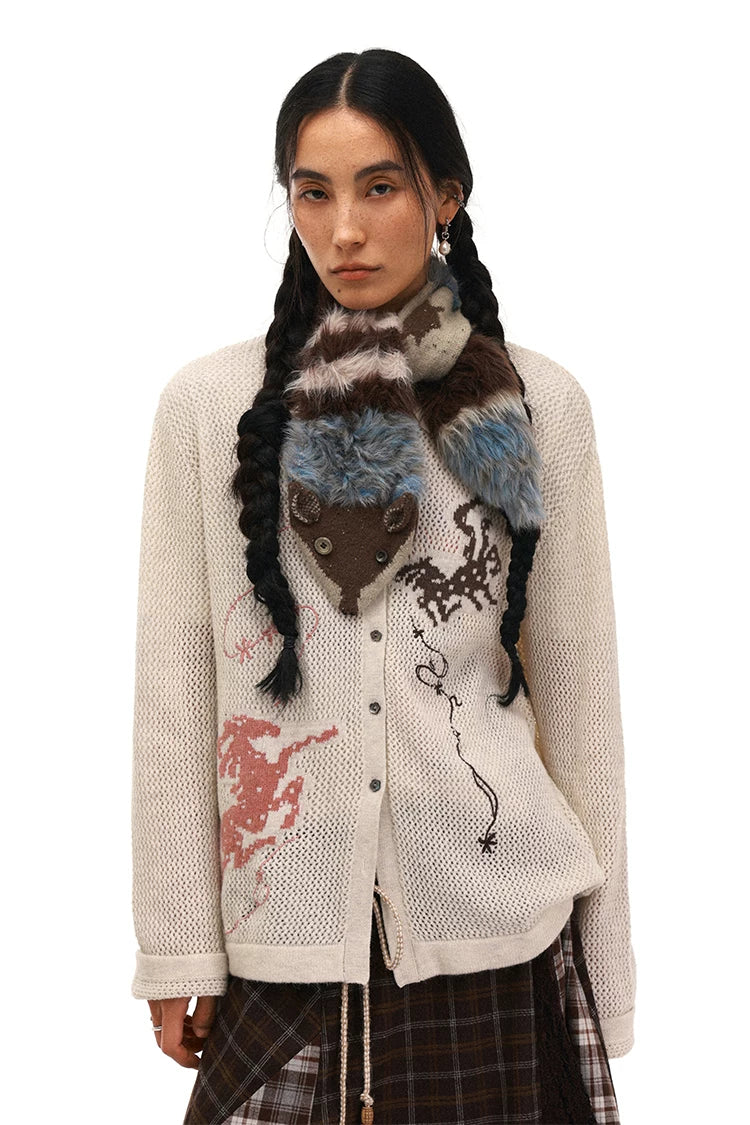 Fluffy Soft Alpaca Blend Faux Fur Fox Scarf with Coconut Buttons – Vintage Retro Style