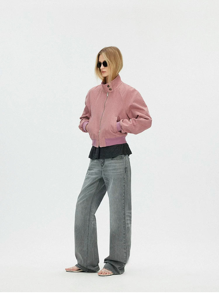 Vintage Washed Cropped Jacket with Plaid Lining