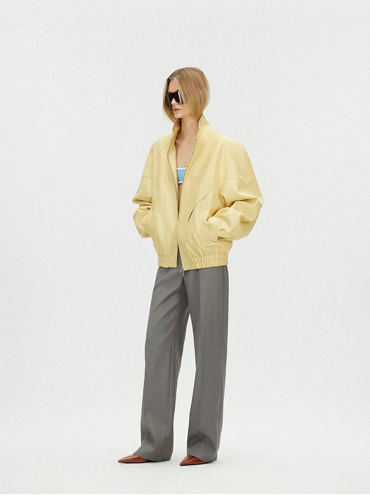 Butter Yellow Curved-Shoulder Leather Bomber Jacket