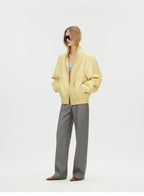 Butter Yellow Curved-Shoulder Leather Bomber Jacket