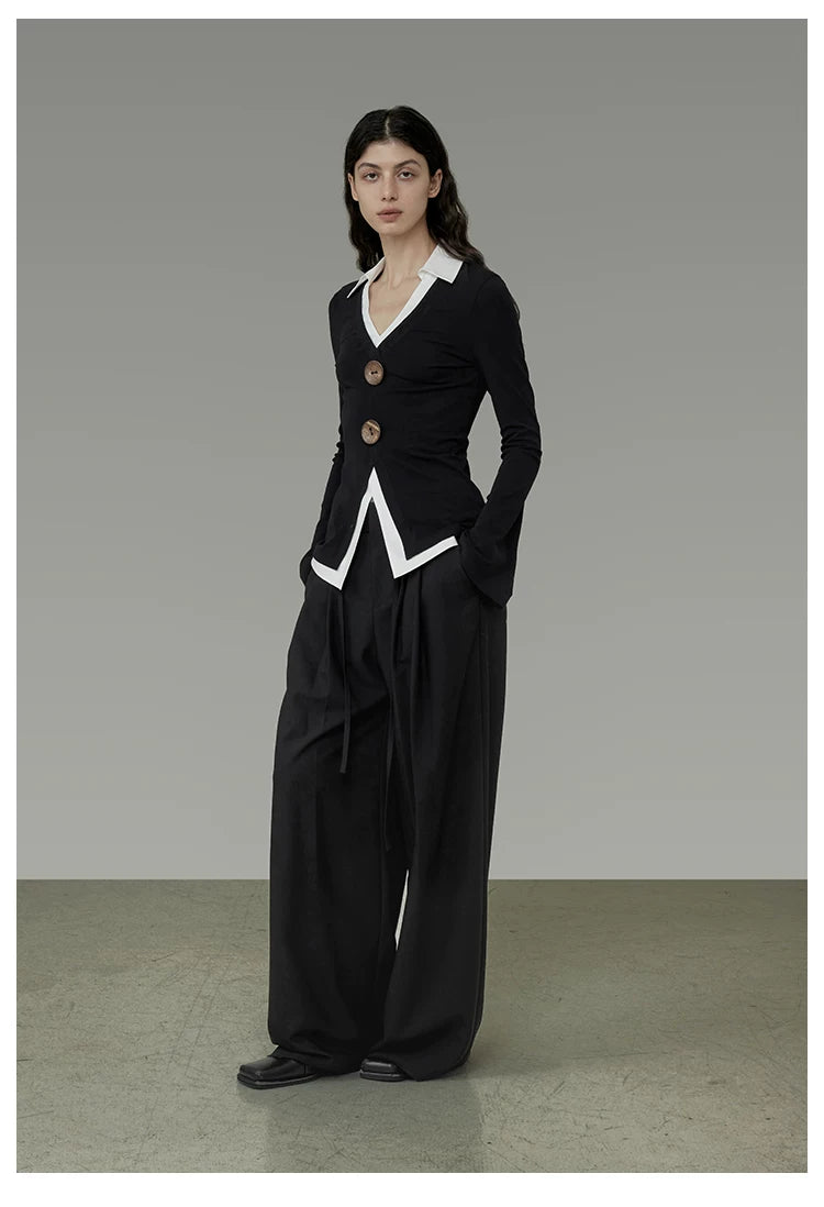 Black Tie-Waist Pleated Wide-Leg Pants