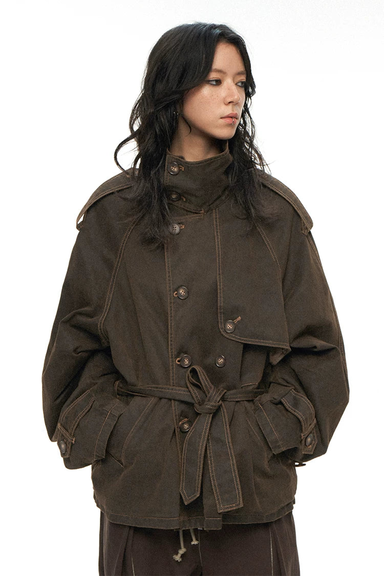Raglan Sleeve Detachable Panel Cotton Denim Cropped Brown Trench Jacket