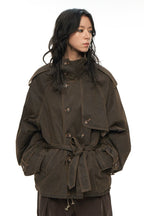 Raglan Sleeve Detachable Panel Cotton Denim Cropped Brown Trench Jacket