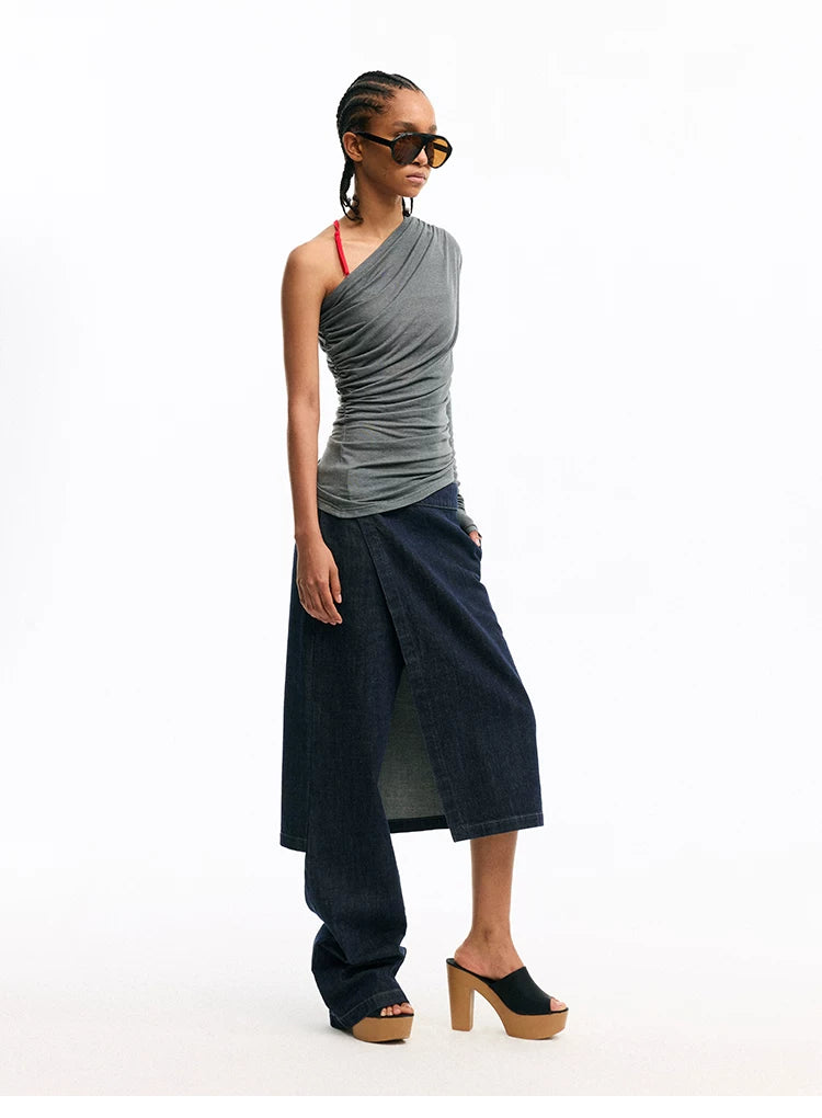 Asymmetric Ruched One-Shoulder Fitted T-Shirt