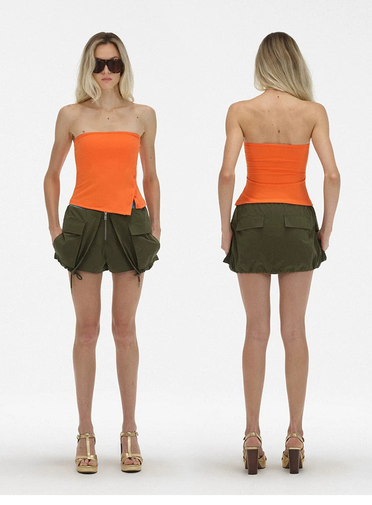 Asymmetric Button Slit Bandeau Top with Built-In Pads