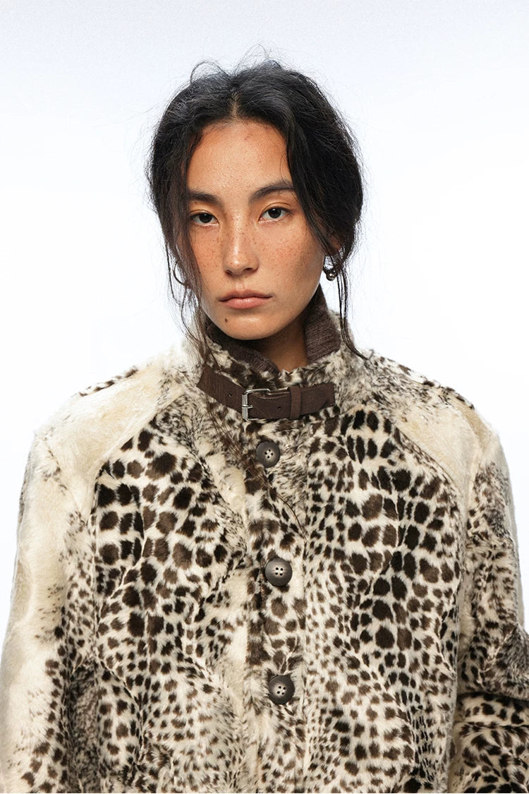 Leopard Print Faux Fur Glossy Stand Collar Cropped Casual Jacket