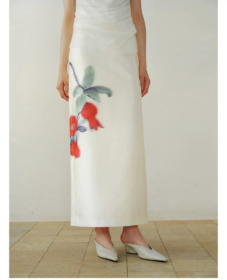 Gradient Pomegranate Floral Straight Skirt