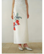 Gradient Pomegranate Floral Straight Skirt