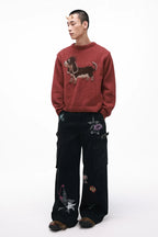 Grotesque Hand-Drawn Graphic Panel Loose Fit Cargo Denim Pants