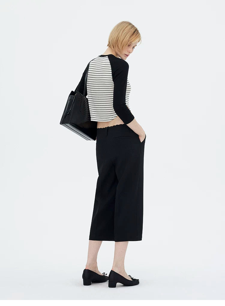 Lace Waist Straight-Leg Cropped Tailored Pants